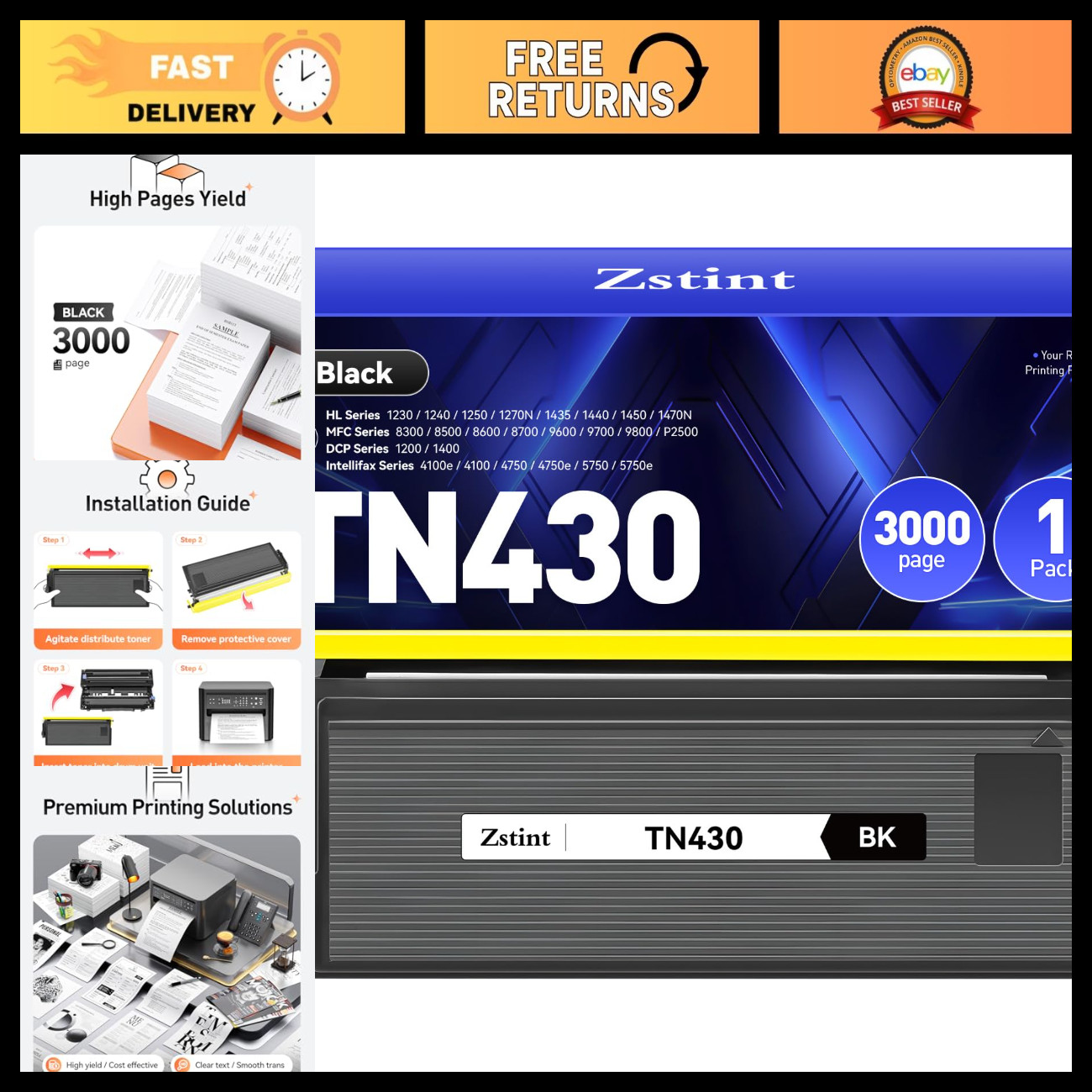 Black Toner Cartridge Replacement for Brother TN430 TN460 HL DCP MFC Printers 1-