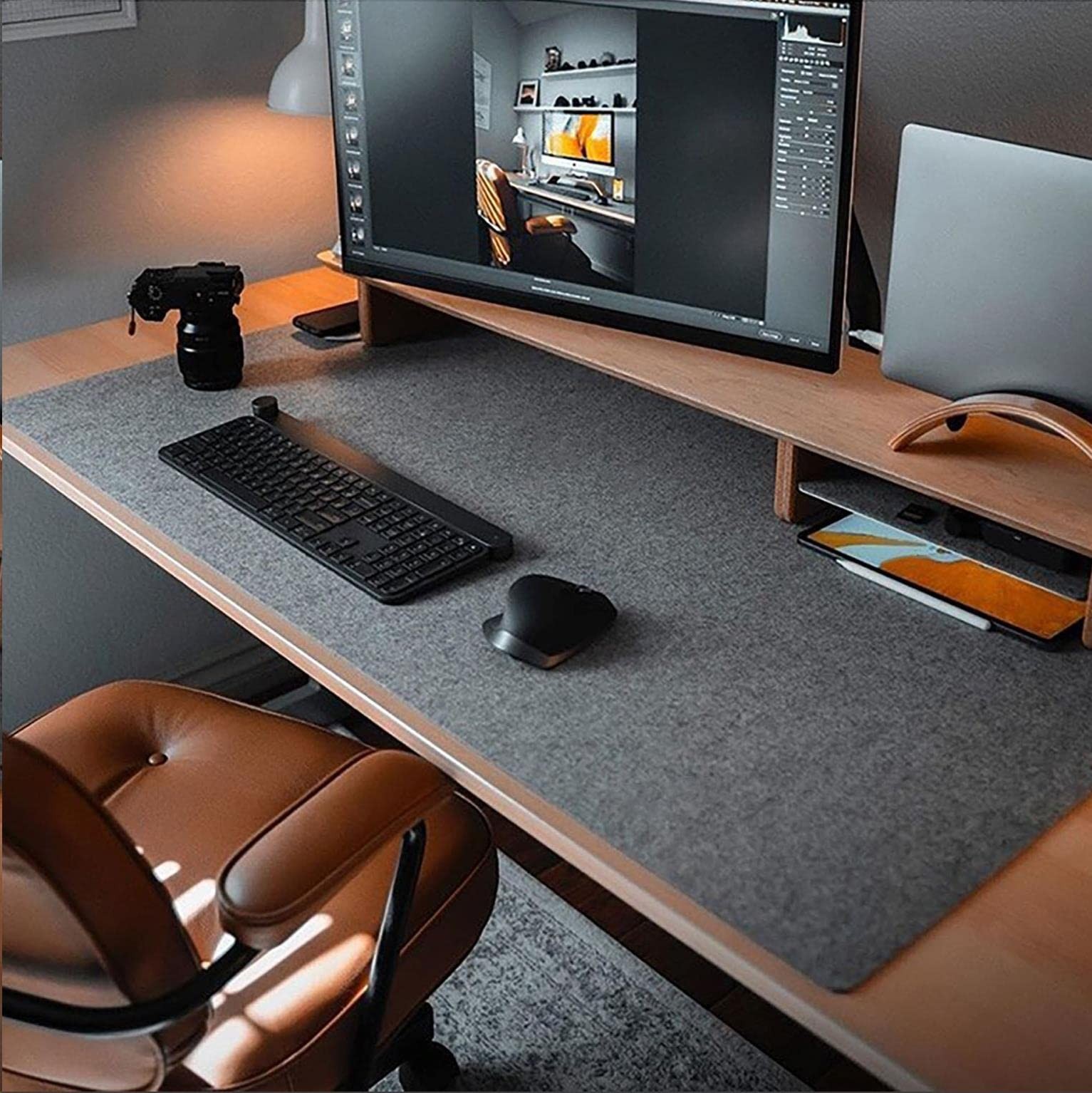 Felt Desk Mat 35.5x15.8 Inch Large Keyboard Mouse Pad NonSlip Wool Dark Gray