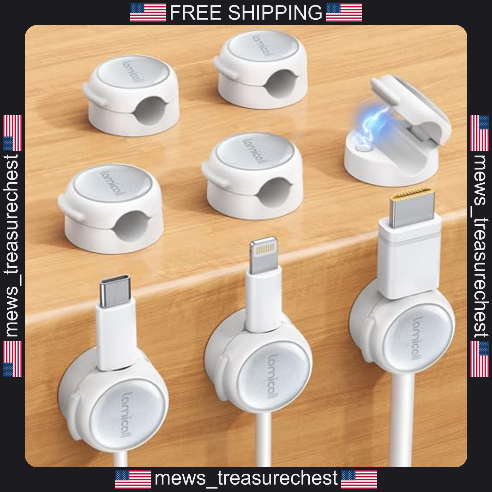 Magnetic Cable Clips 8 Pack Silver Micro-Shine Cord Organizer for Desk and Wall