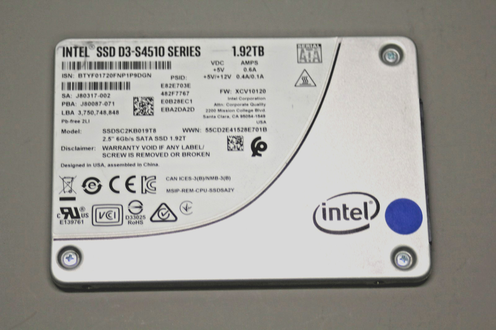 Intel SSD D3-S4510 Series 1.92TB 2.5" SATA SSDSC2KB019T8 90-99% Health