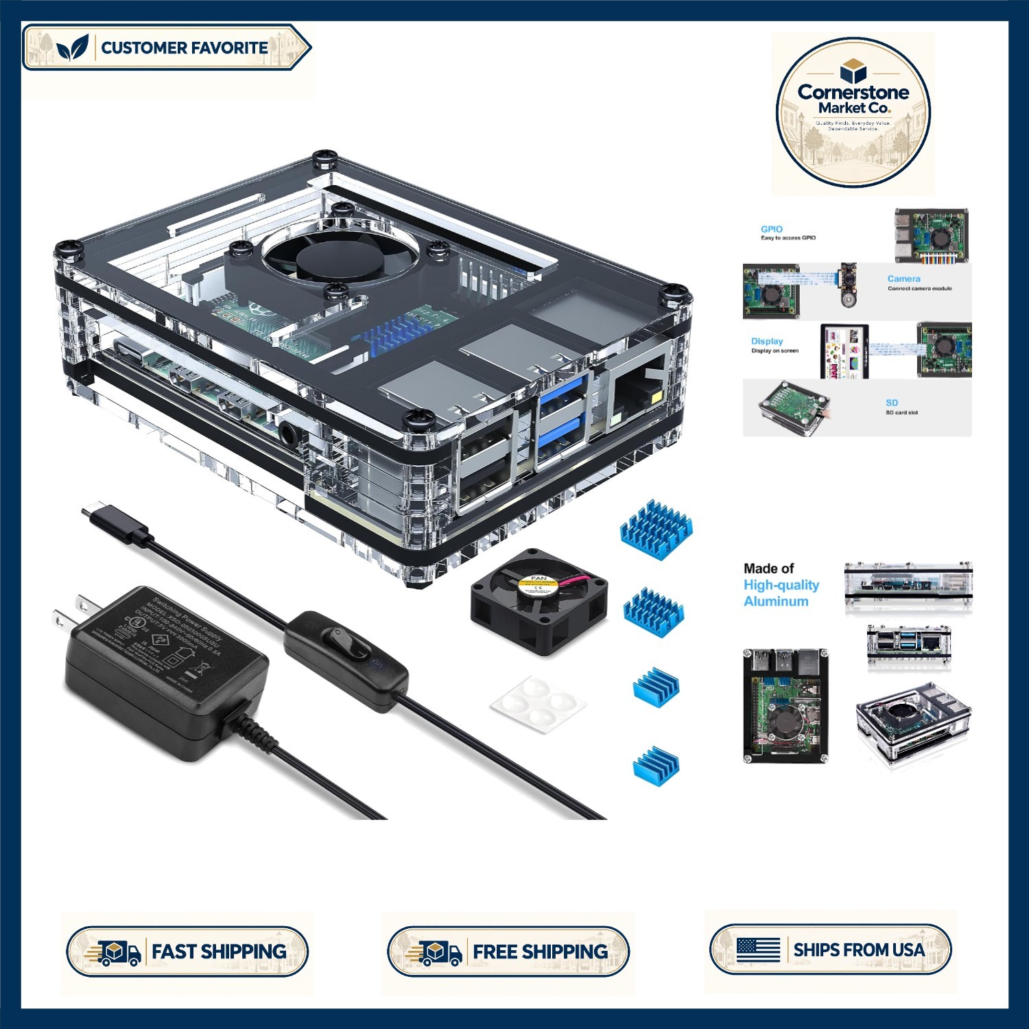Clear Acrylic Case for Raspberry Pi 4 with 30mm Cooling Fan & 5V Power Supply