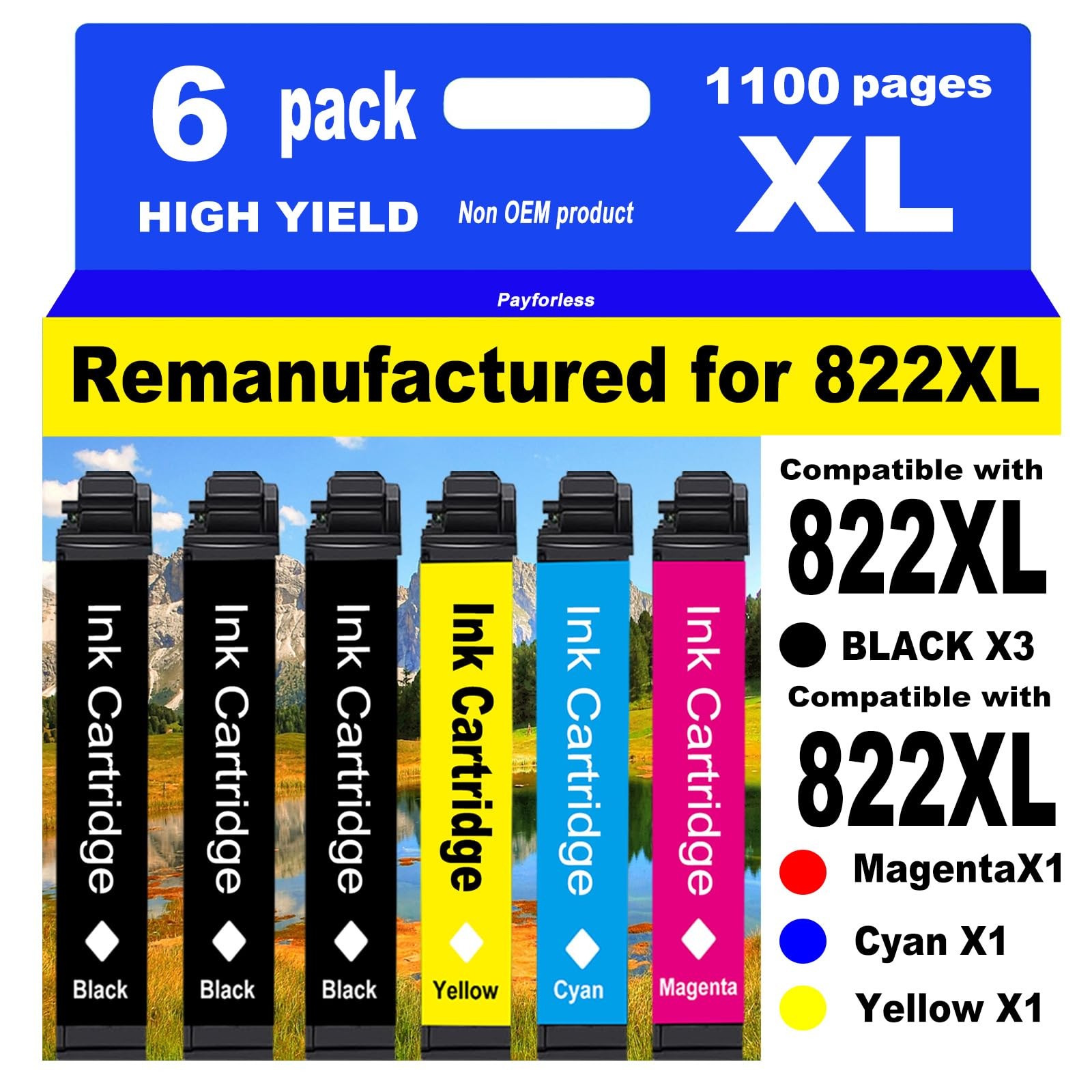 Epson 822XL Ink Cartridges 6-Pack for WF-3820 WF-3823 WF-4820 3 Black 1 Cyan 1