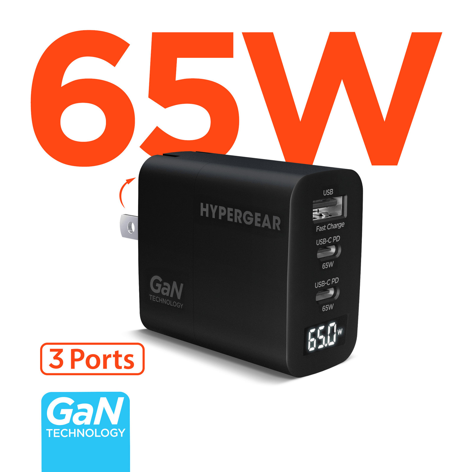 HyperGear SpeedBoost 65W USB-C PD Tri-Port GaN Laptop Charger with PPS