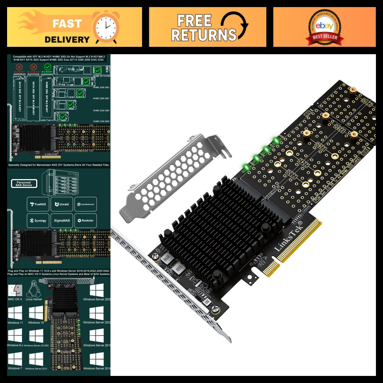 4-Port NVME M.2 SSD Expansion Card, PCIe 3.0 x8, 64Gb/s Bandwidth, Bifurcation