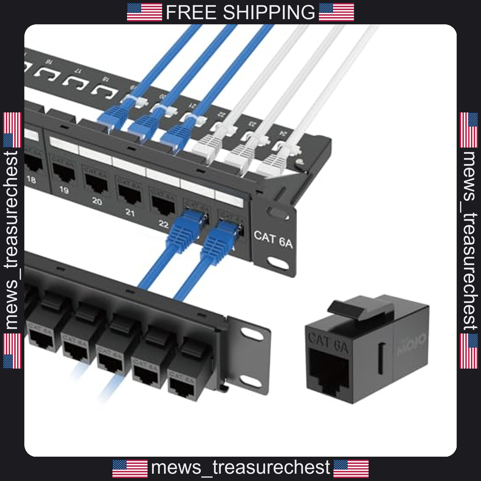 24-Port Cat6A Patch Panel with Keystone Couplers, 10G Support, 19-Inch Rack