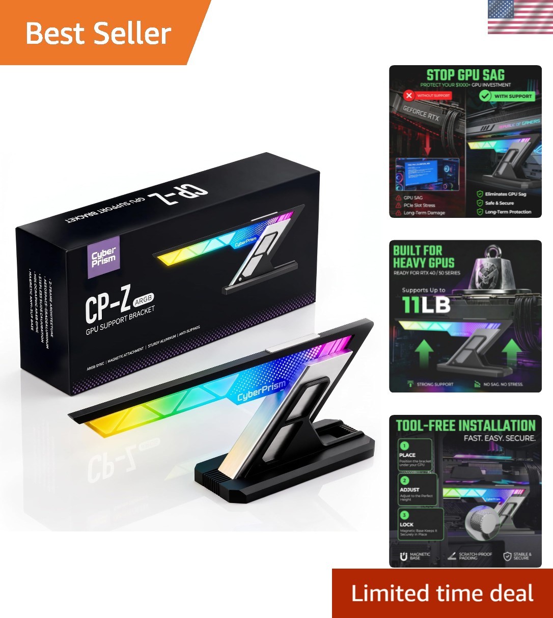 GPU Support Bracket, ARGB GPU Sag Holder, 2.95-4.92in