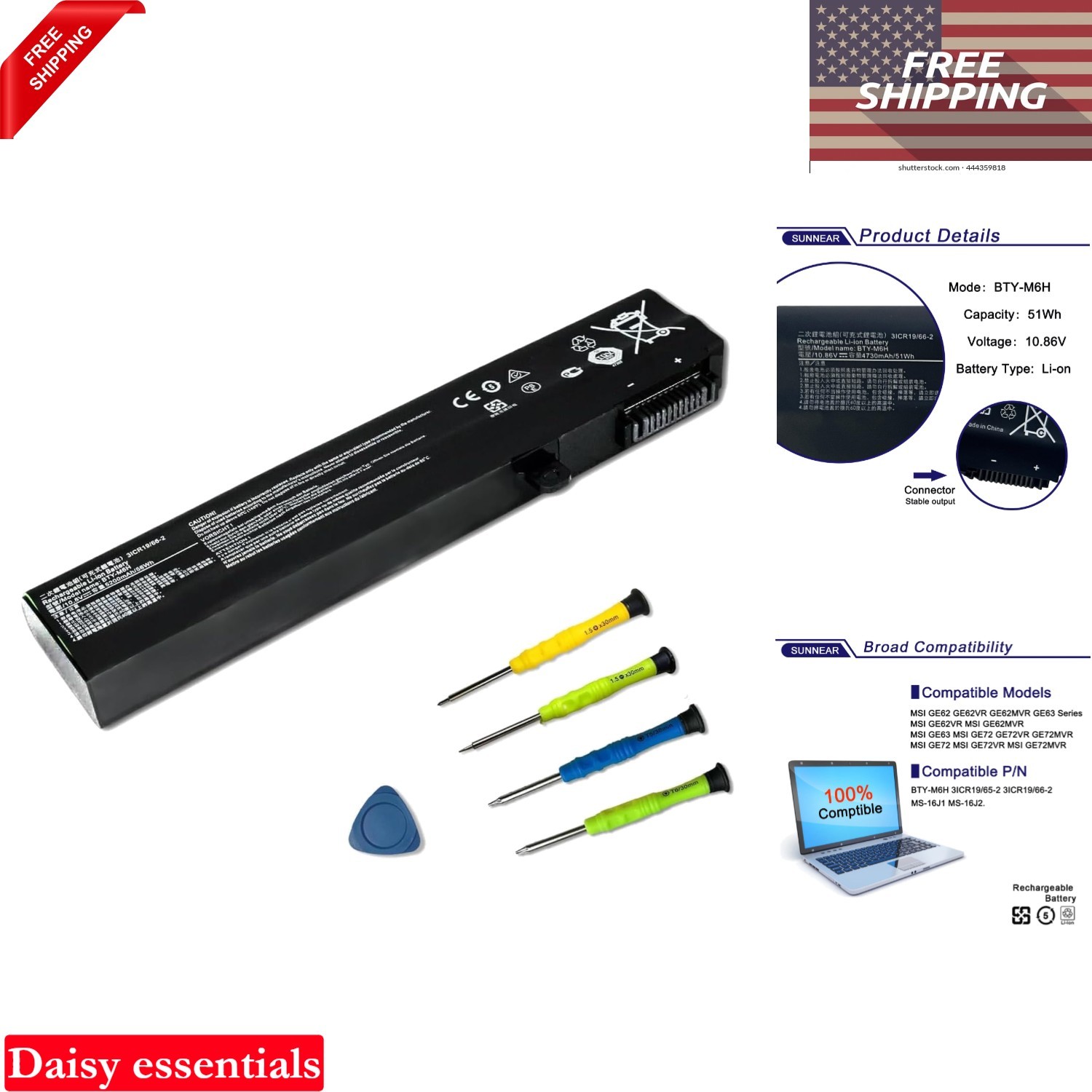 MSI Laptop Battery BTY-M6H 51Wh Replacement for GE62 GE72 GL62 GE70 Notebook ...
