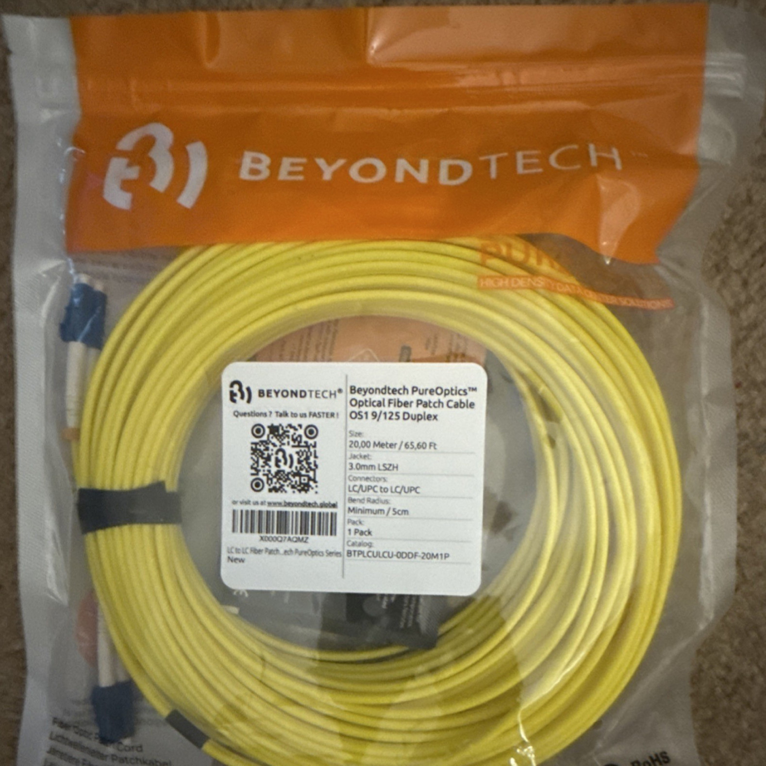 Beyondtech PureOptics OS1 9/125 Duplex LC/UPC-LC/UPC Fiber Cable 65.6ft Yellow