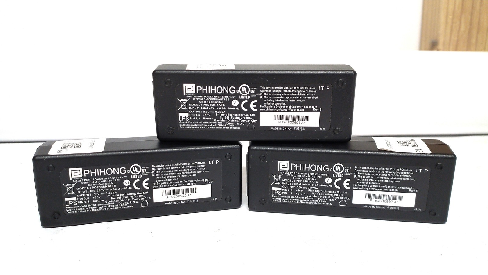 Lot Of 3 Phihong Single Port POE Power Injector Supply, POE15M-1AFE, 56V 0.275A