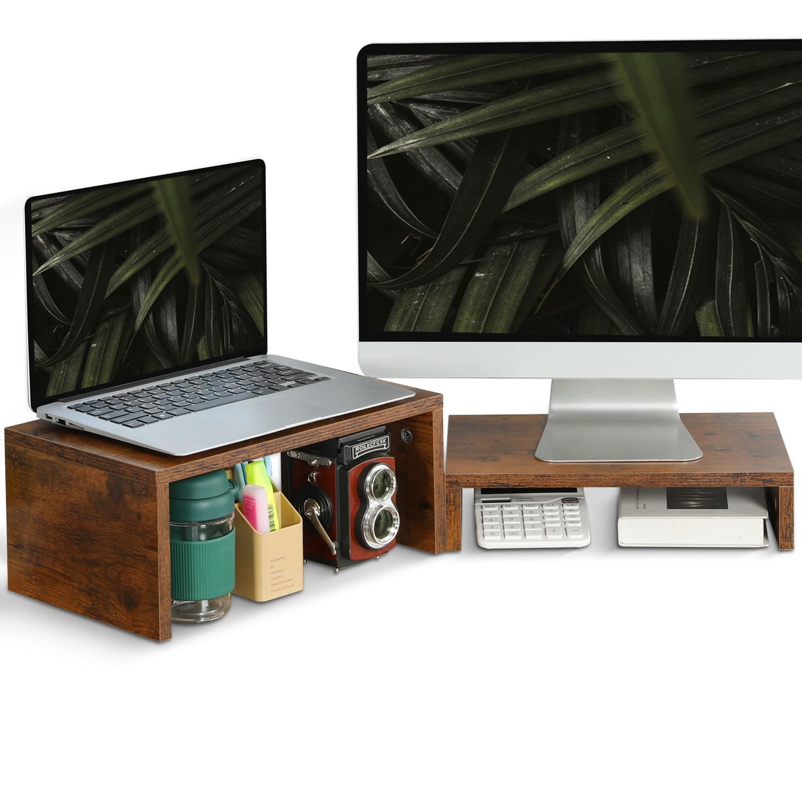 2 PCS Monitor Stand Riser Rustic Brown Wood 2 Tier Adjustable Dual Computer