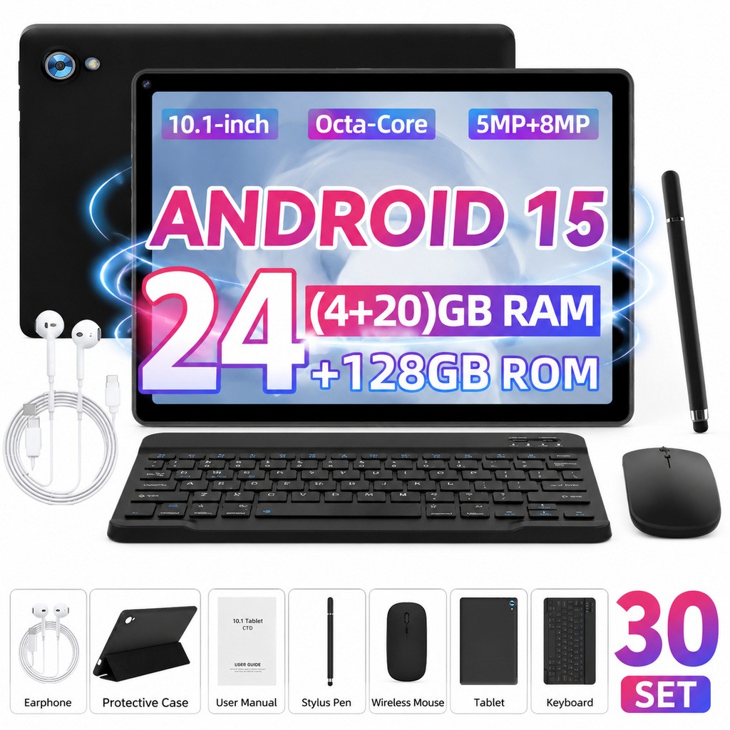 AEEZO Tablet Android 15 Tablet 10.1" IPS LCD 128GB ROM Dual Camera Wifi6 30 Set