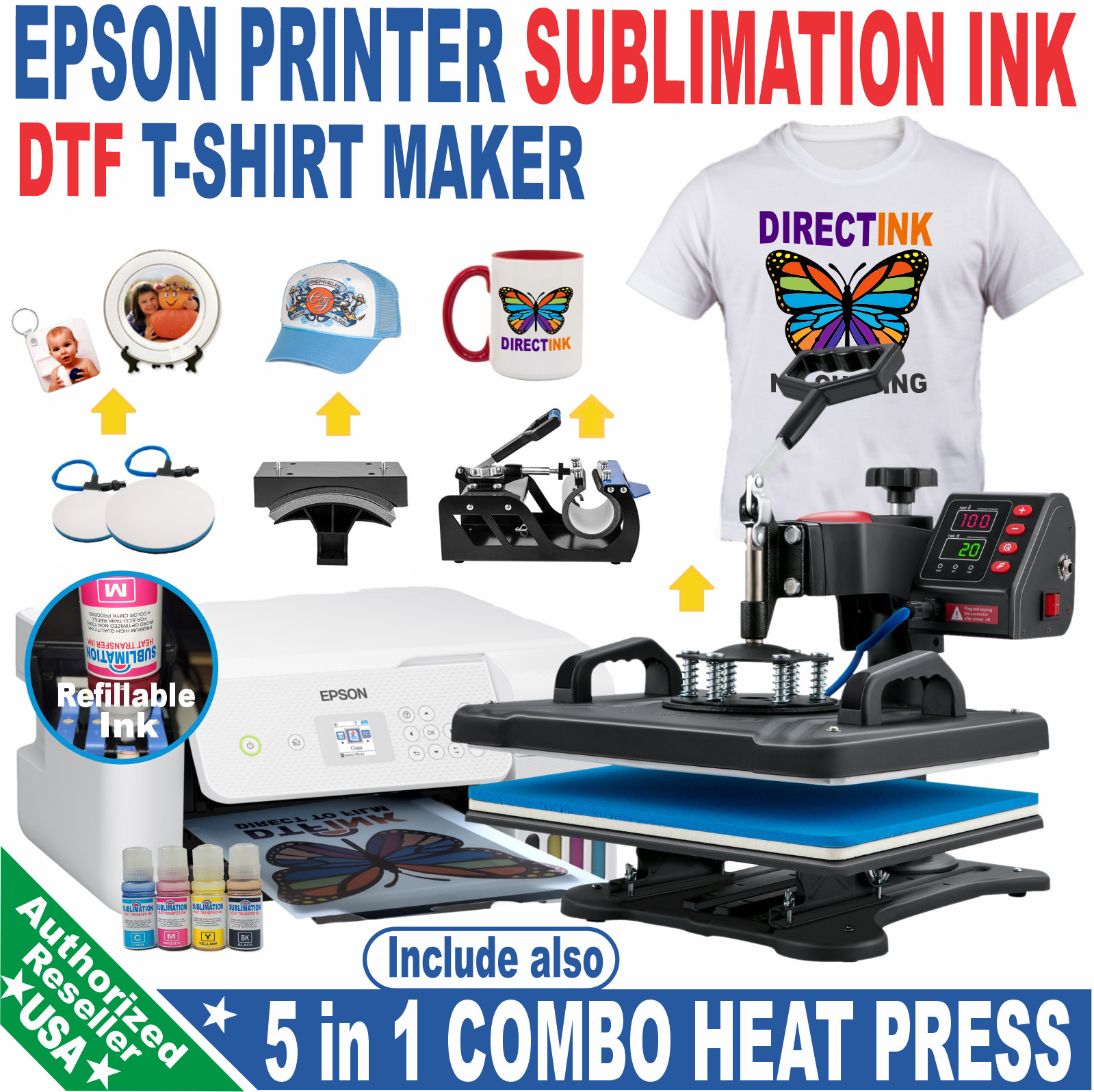 Epson Printer with Sublimation Ink Transfer 5 in 1 Heat Press DTF Start Bundle.