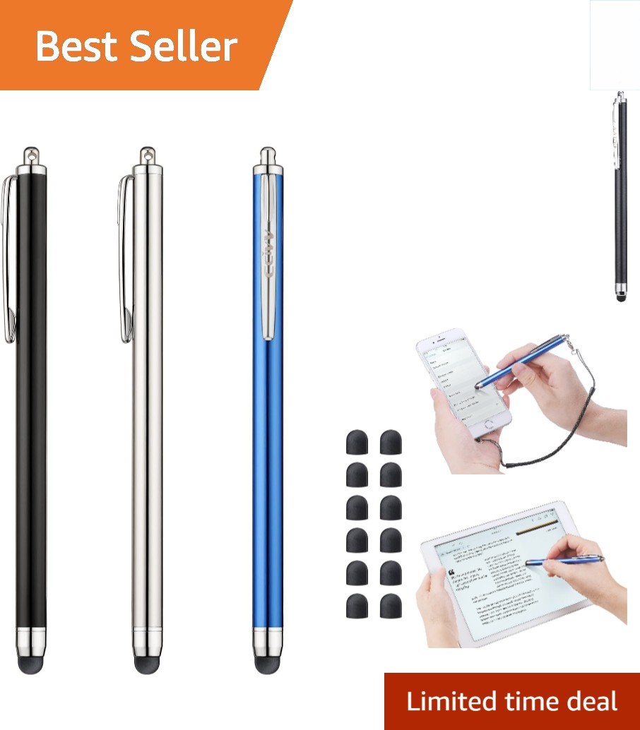 Versatile 3 Pcs Touchscreen Stylus with Protective Tips - Black, Silver, Blue