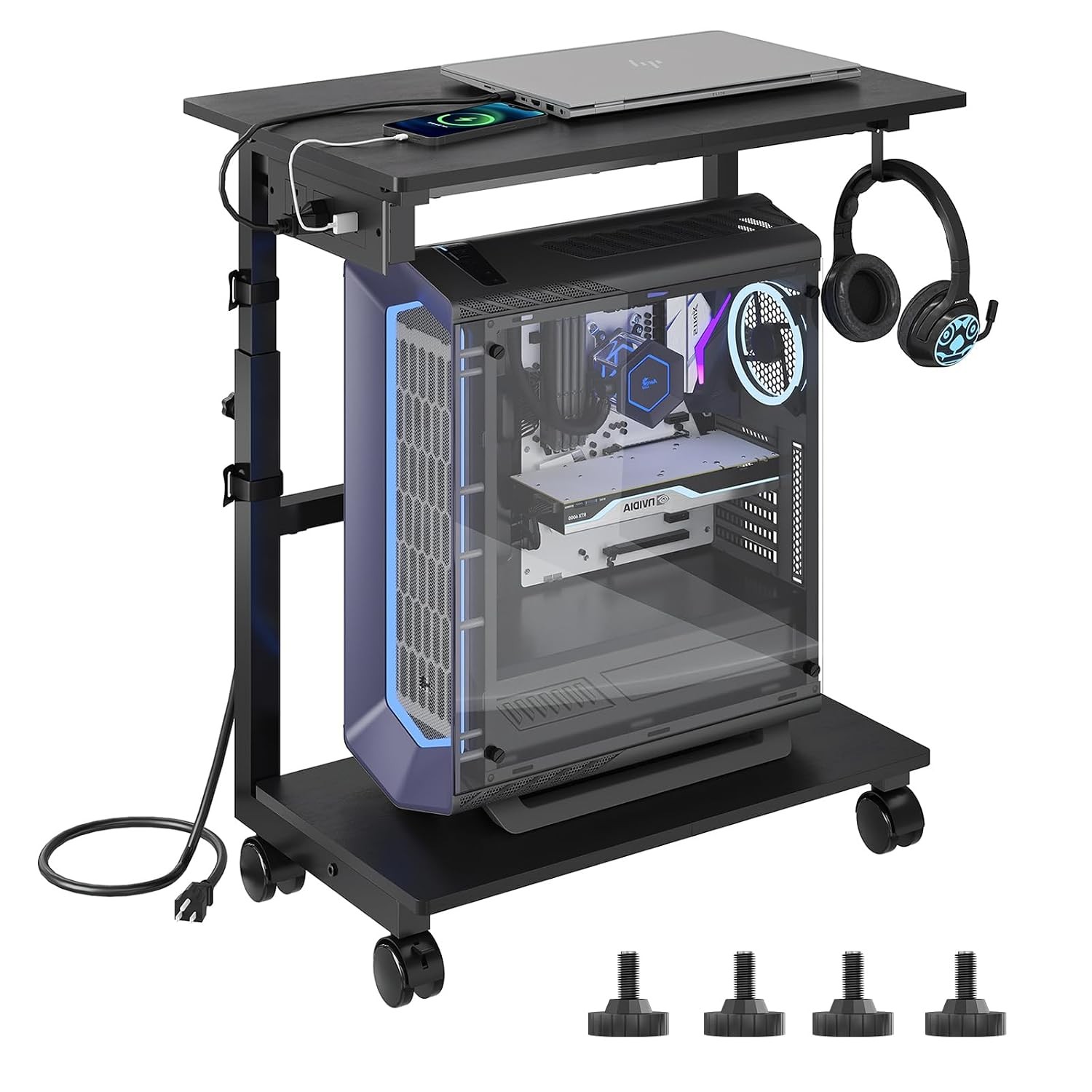 2-Tier Computer Tower Stand with Power Outlet, Height Adjustable PC Tower Stand