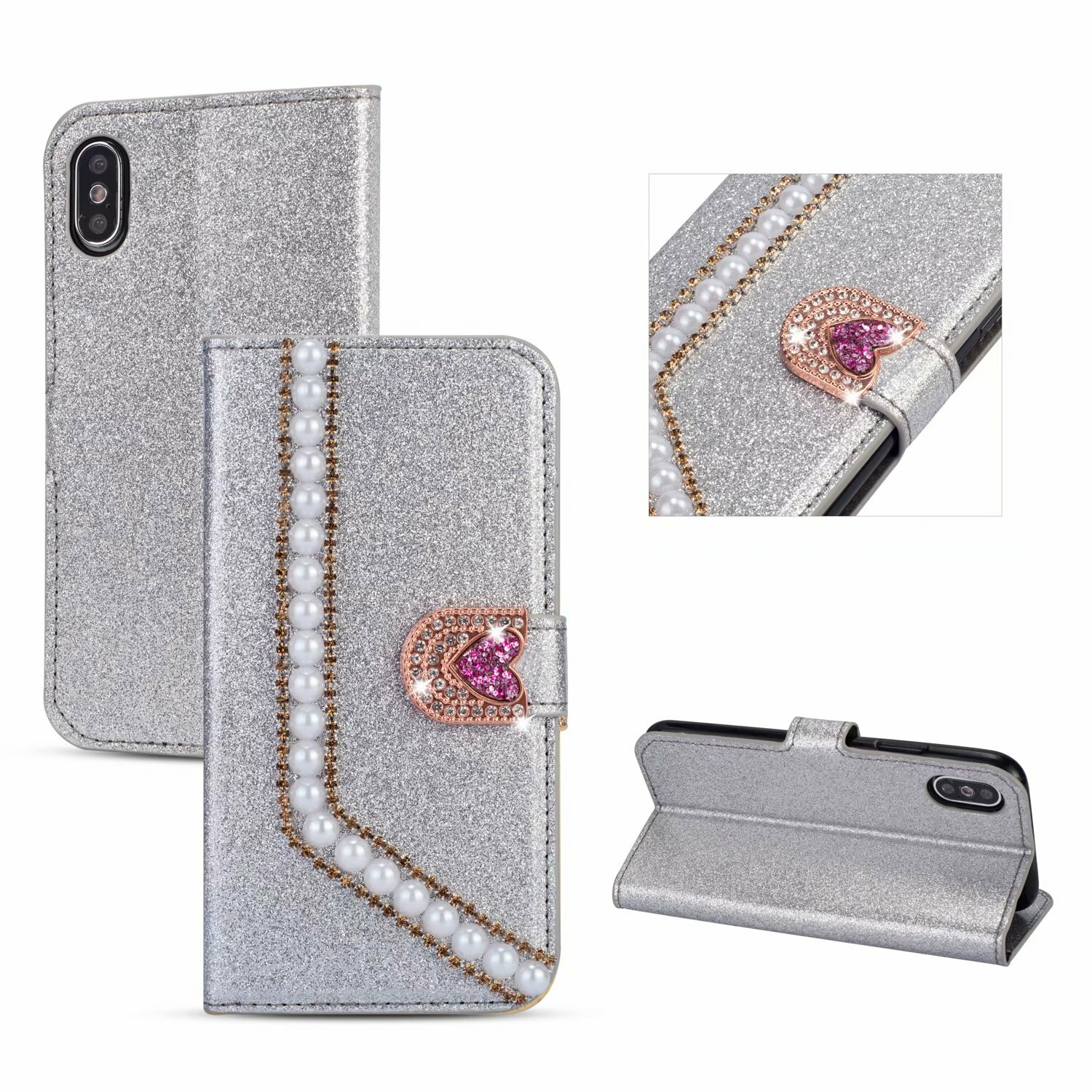 Diamond Love Pearl Wallet Cover Case for Google Pixel 11 10A 10 9 8 7 Oneplus 13