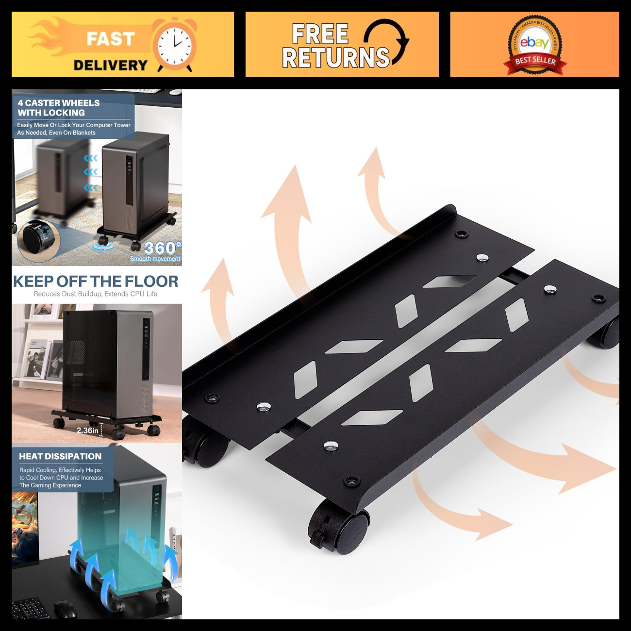 Adjustable Mobile CPU Tower Stand, Metal Computer Cart, Rolling CPU Holder