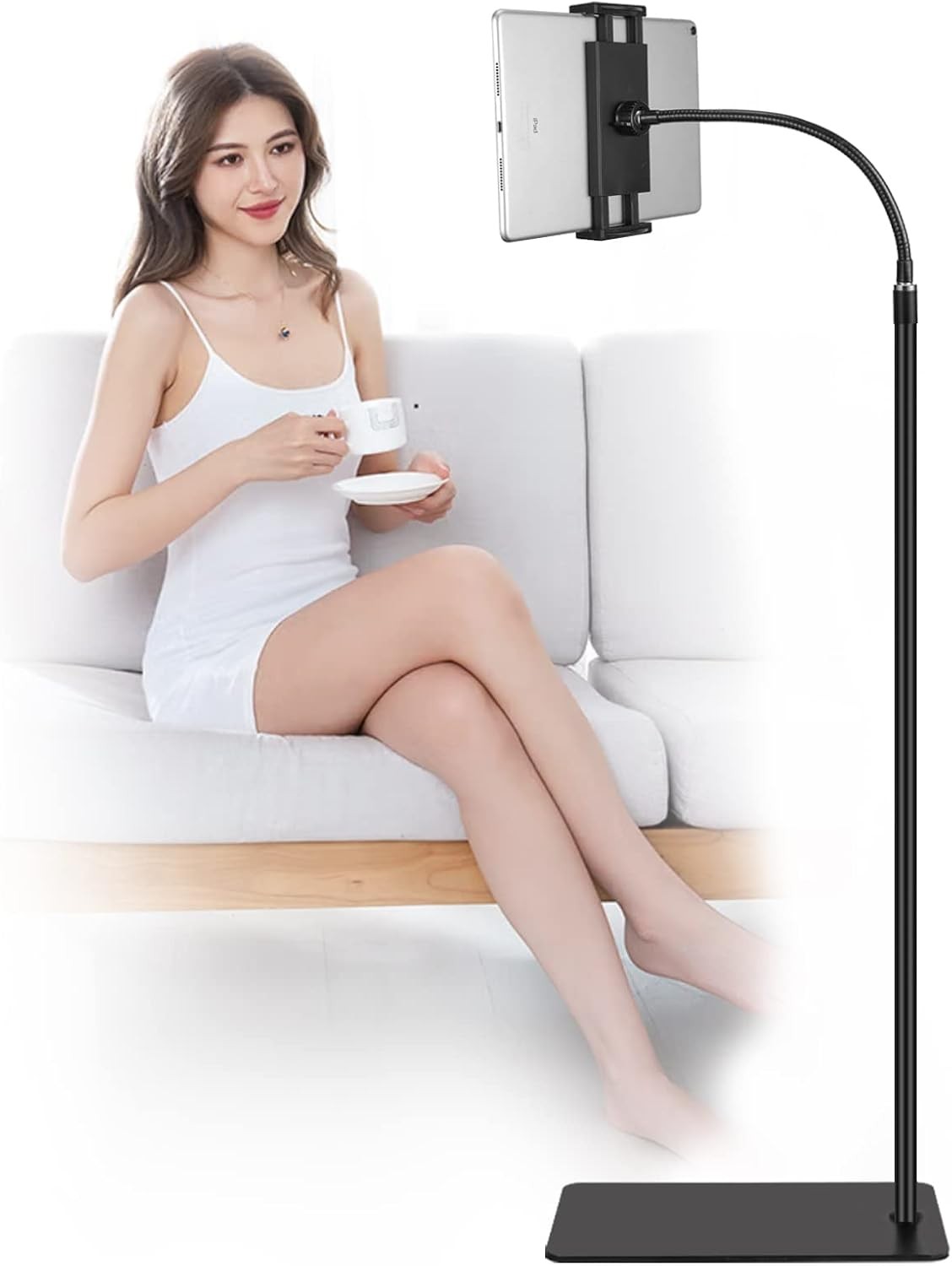 Tablet Floor Stand with Double Weight Base 360-degree Rotatable Metal Tablet ...