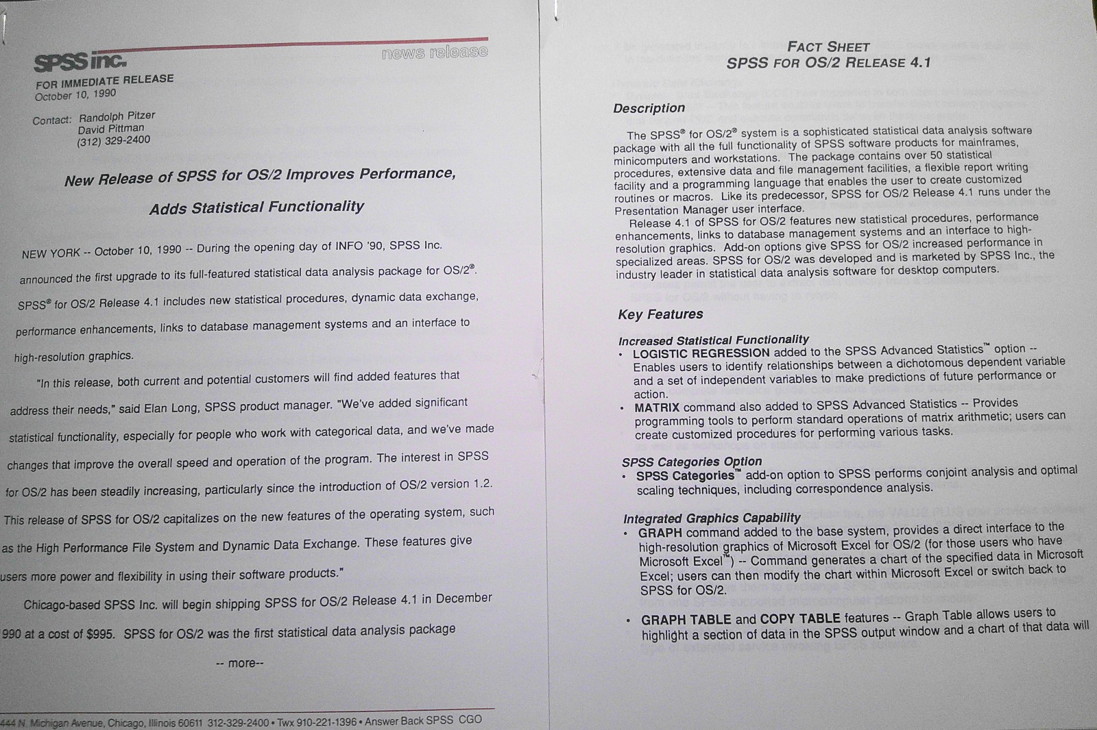 SPSS for OS/2 Press Release and Fact Sheet - 1990. Statistics program for IBM PC