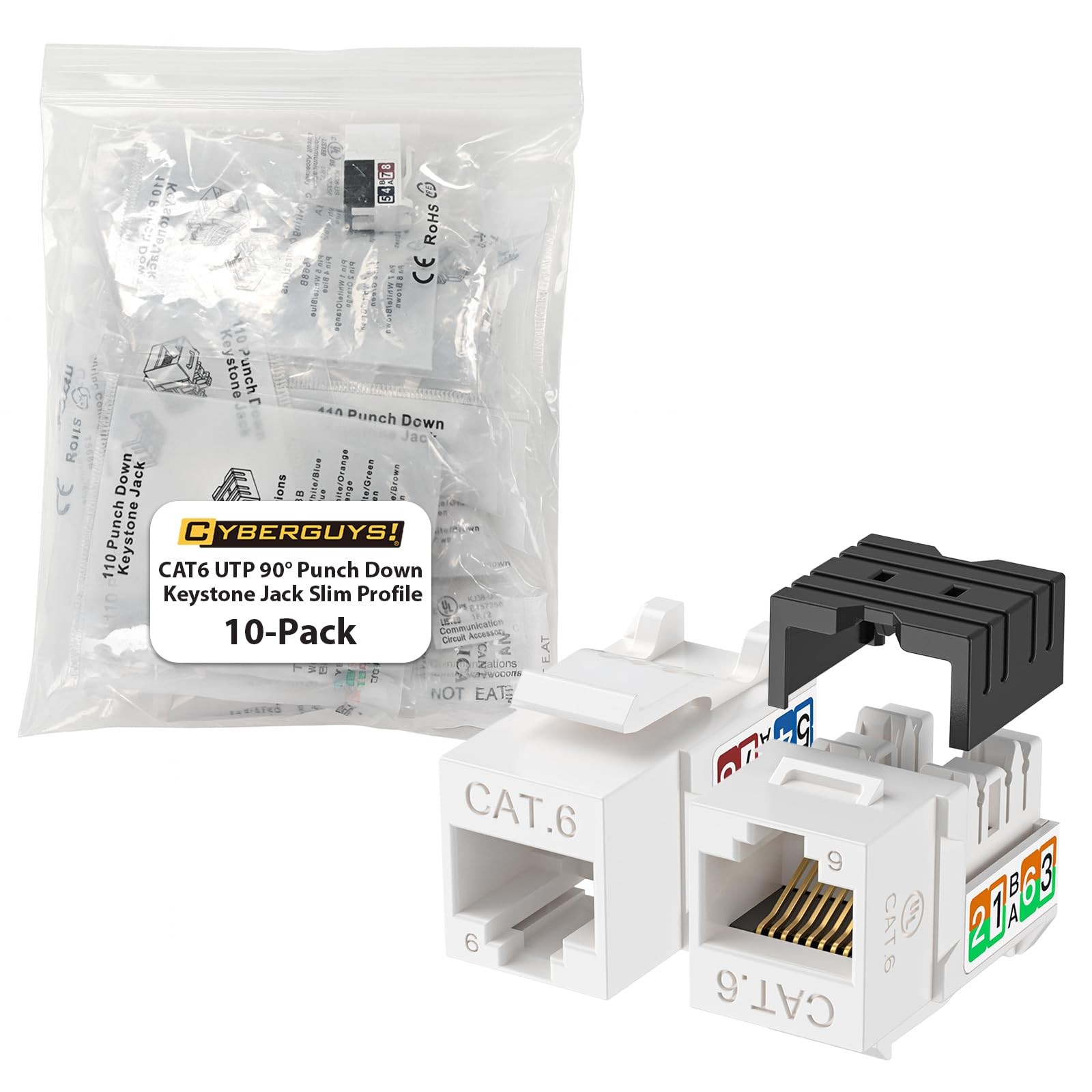 10 PCS 90 Cat6 Keystone Jacks 10Gbps RJ45 Connectors Network Wall Plug