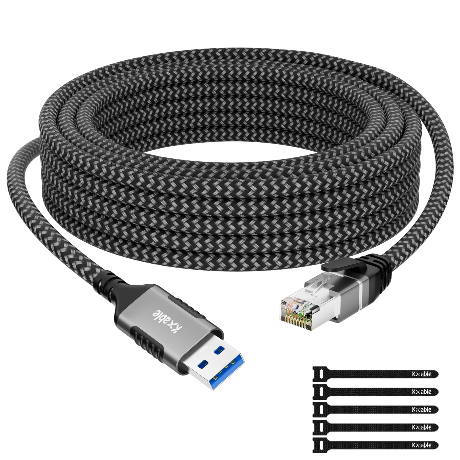 USB to Ethernet Cable 25FT, 3.0 RJ45 Cat 6 Cord, Directly Grey