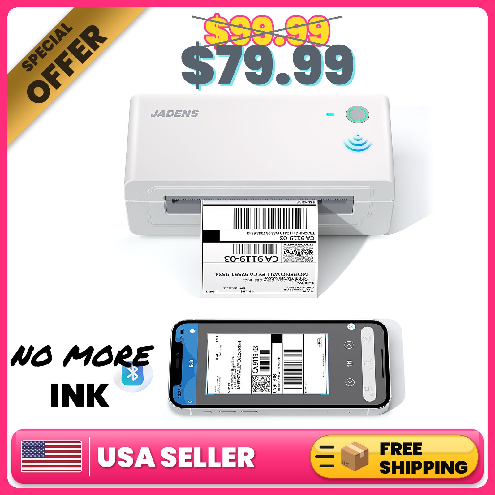 JADENS 668BT Bluetooth Thermal Shipping Label Printer 4x6 Wireless Pink White