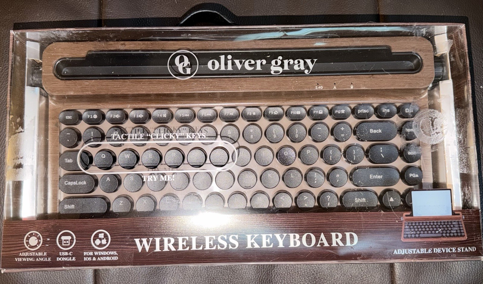 Oliver Gray Wireless Keyboard Wood grain Finish With Typewriter Type Keys.