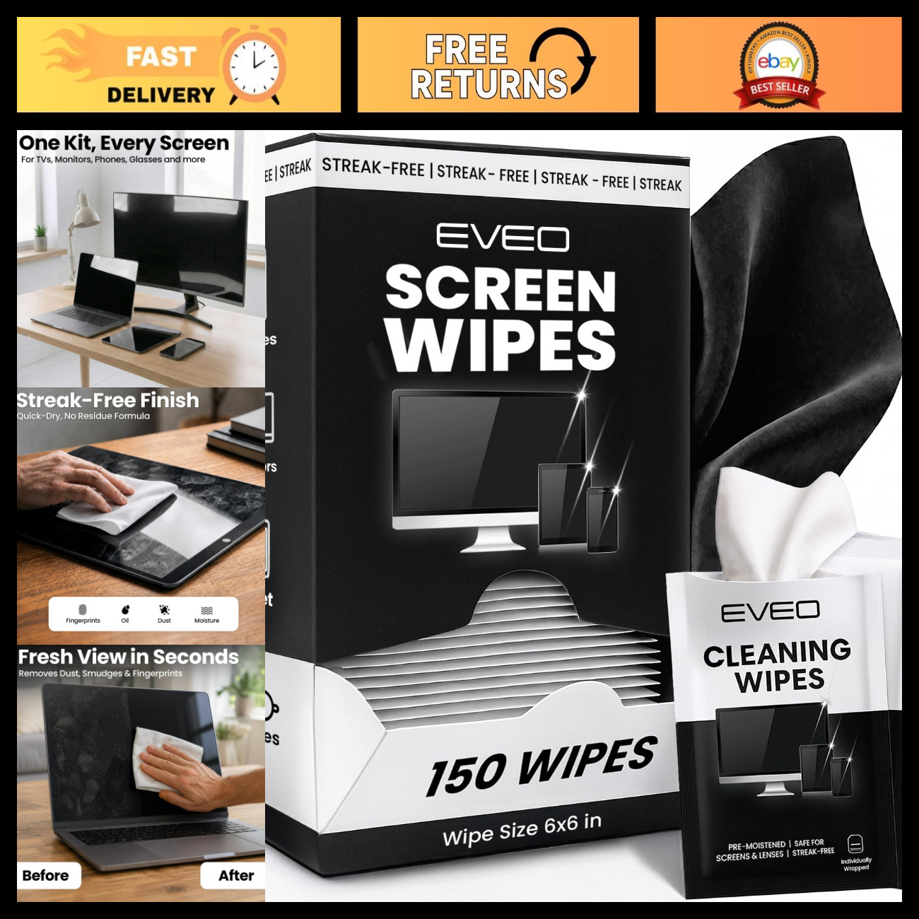 150 Pack Electronic Screen Wipes - Computer, Laptop, Phone & Car Cleaner - Micro