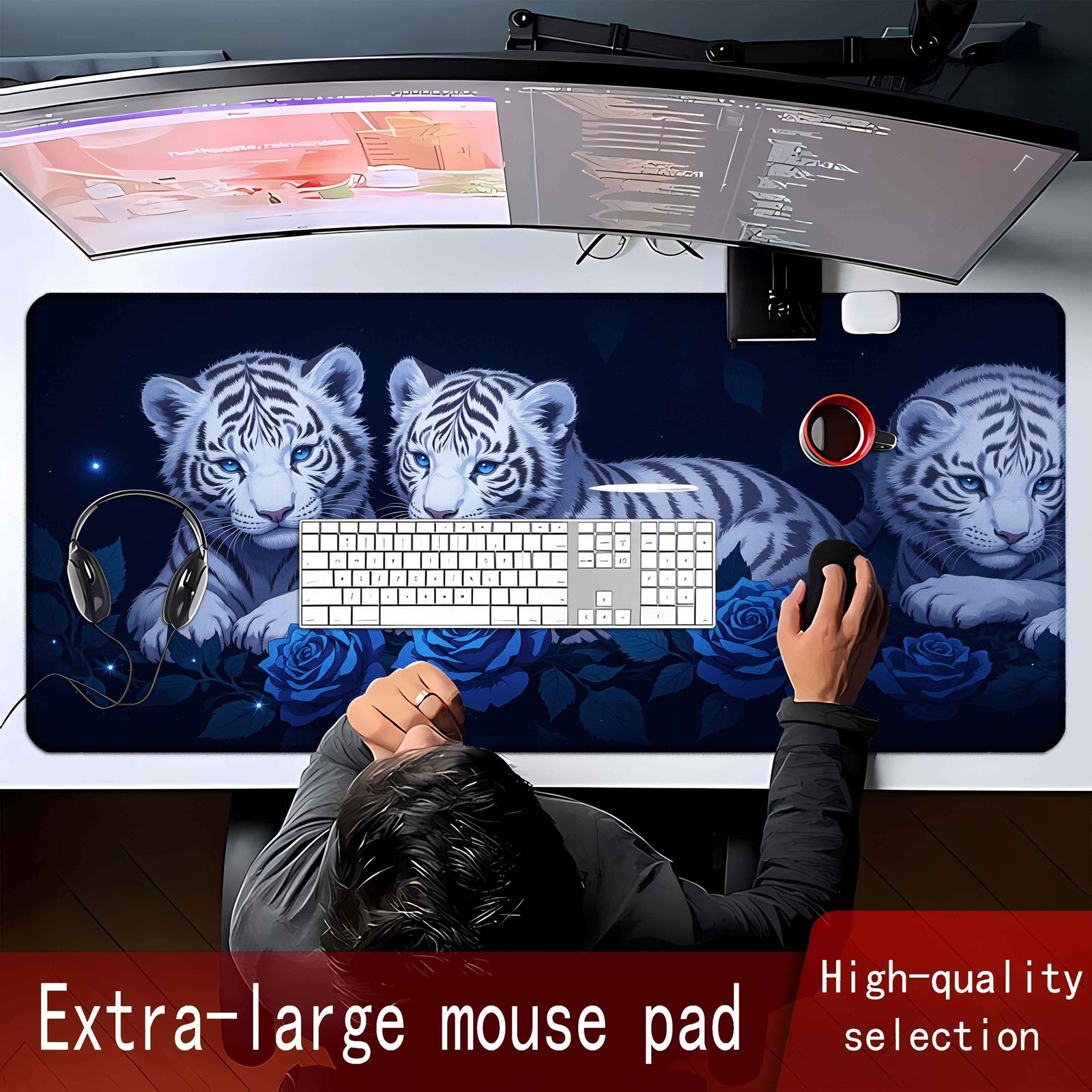 1pc Extra-large Mouse PadWhispering Tiger Cubs A Nightly Tale of Blue RosesRub