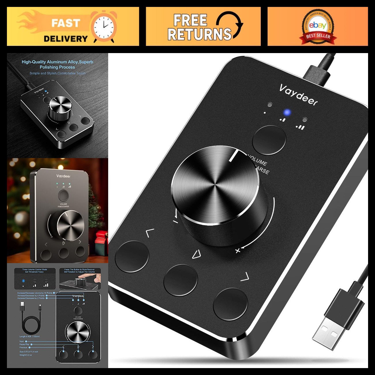 USB Volume Control Knob with Mute Function, 3 Modes for Windows & Mac - Perfect