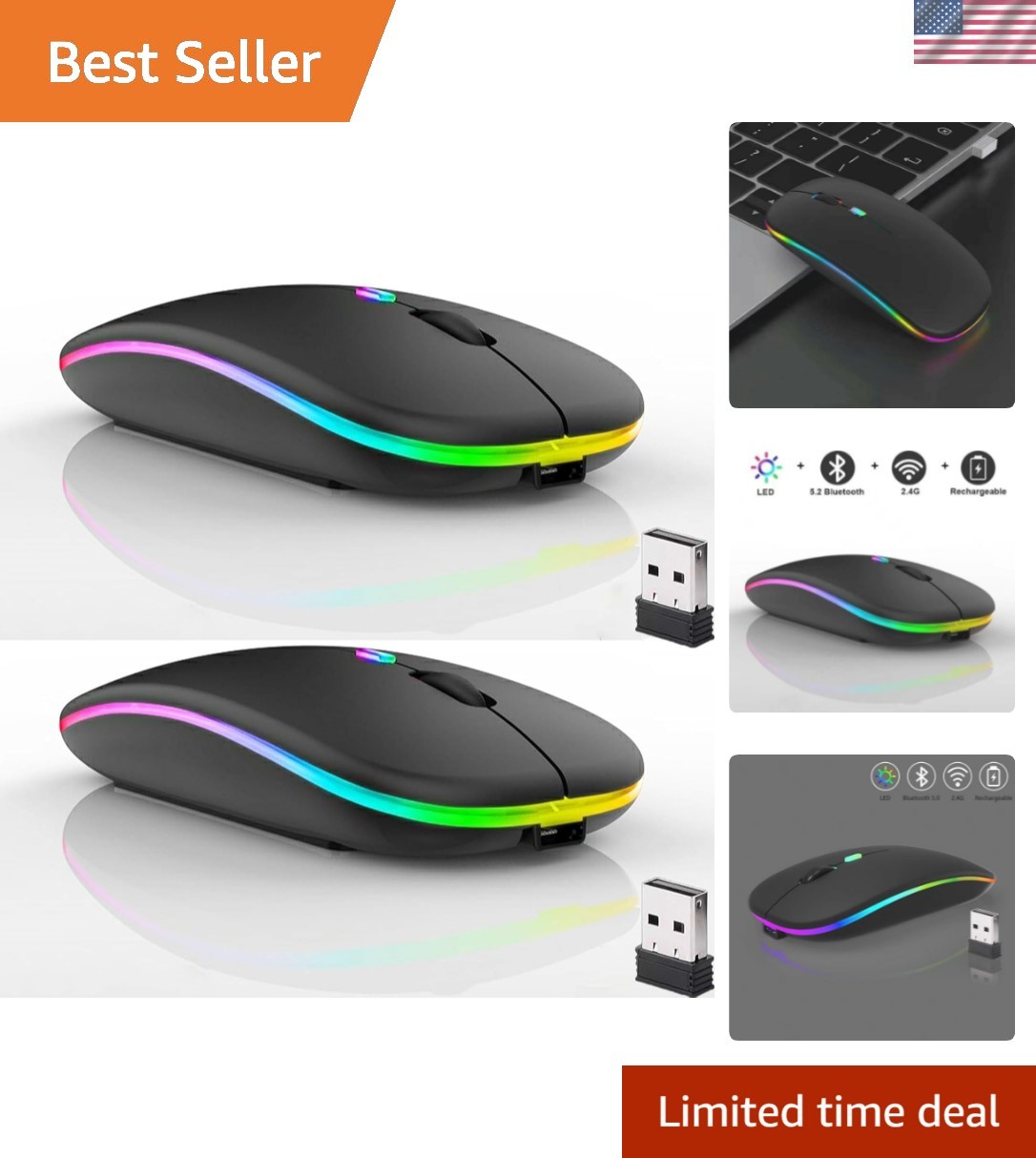 Rechargeable Dual Mode Bluetooth Mouse with LED, Silent & Ergonomic - 2 Pack