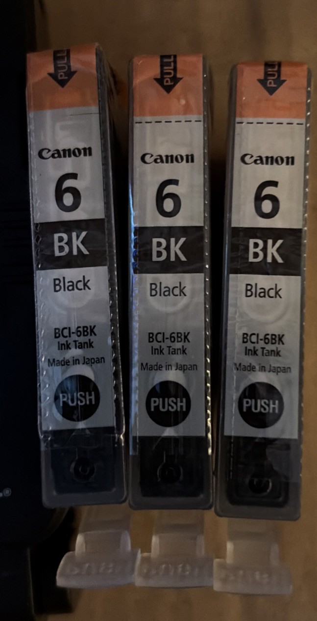 Three Canon BCI-6BK Black Ink Cartridges Ink Jet Brand New Factory Sealed No Box
