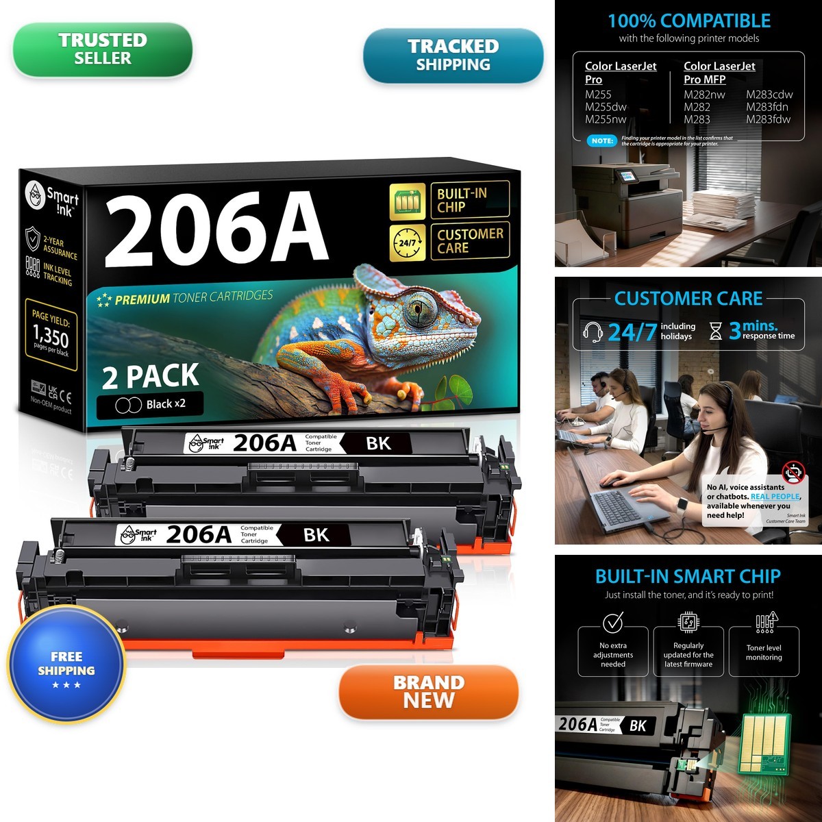 Smart Ink Compatible 206A Black Toner Cartridge 2 Pack Built-in CHIP