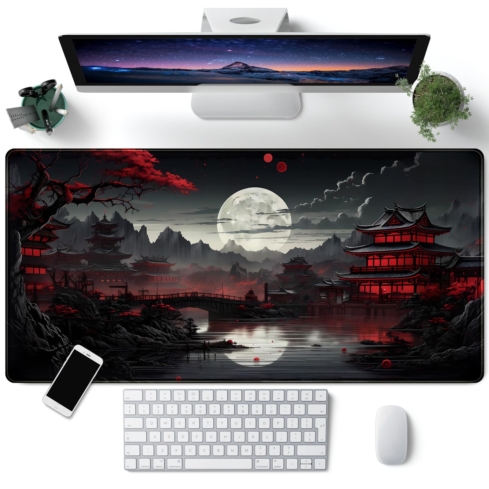 Japanese Desk Mat Riverside Full Moon Black Red Large Gaming Mouse Pad XXL