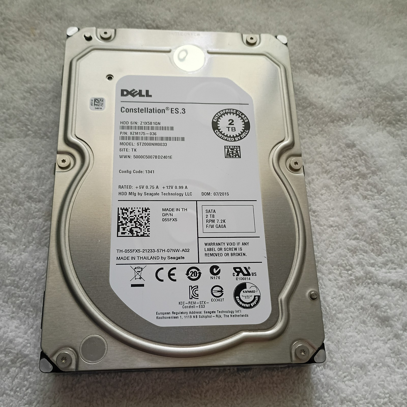 Dell Constellation ES.3 ST2000NM0033 2TB SATA RPM 7.2K 3.5" 055FX5 Hard Drive