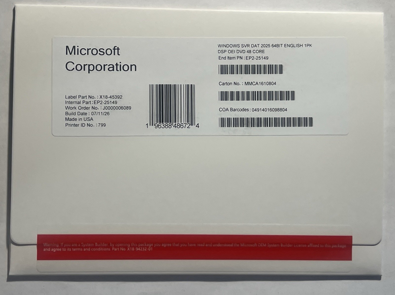 Microsoft Windows Server 2025 Datacenter 48 Core DVD+Sticker sealed  (NEW)