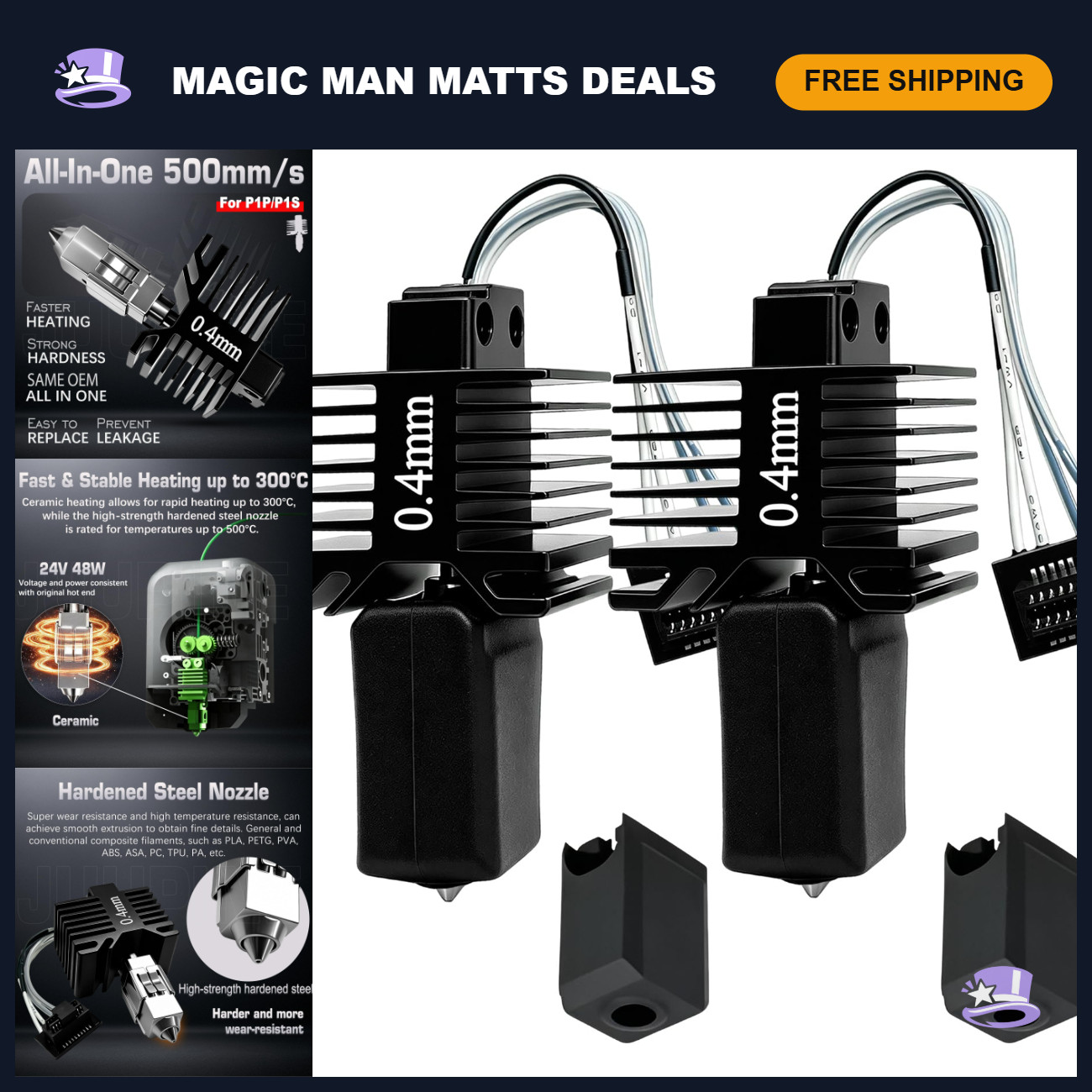 2 Pack Upgraded 0.4MM Integrated Hotend Kit with Hardened Steel Nozzle for 3D Pr