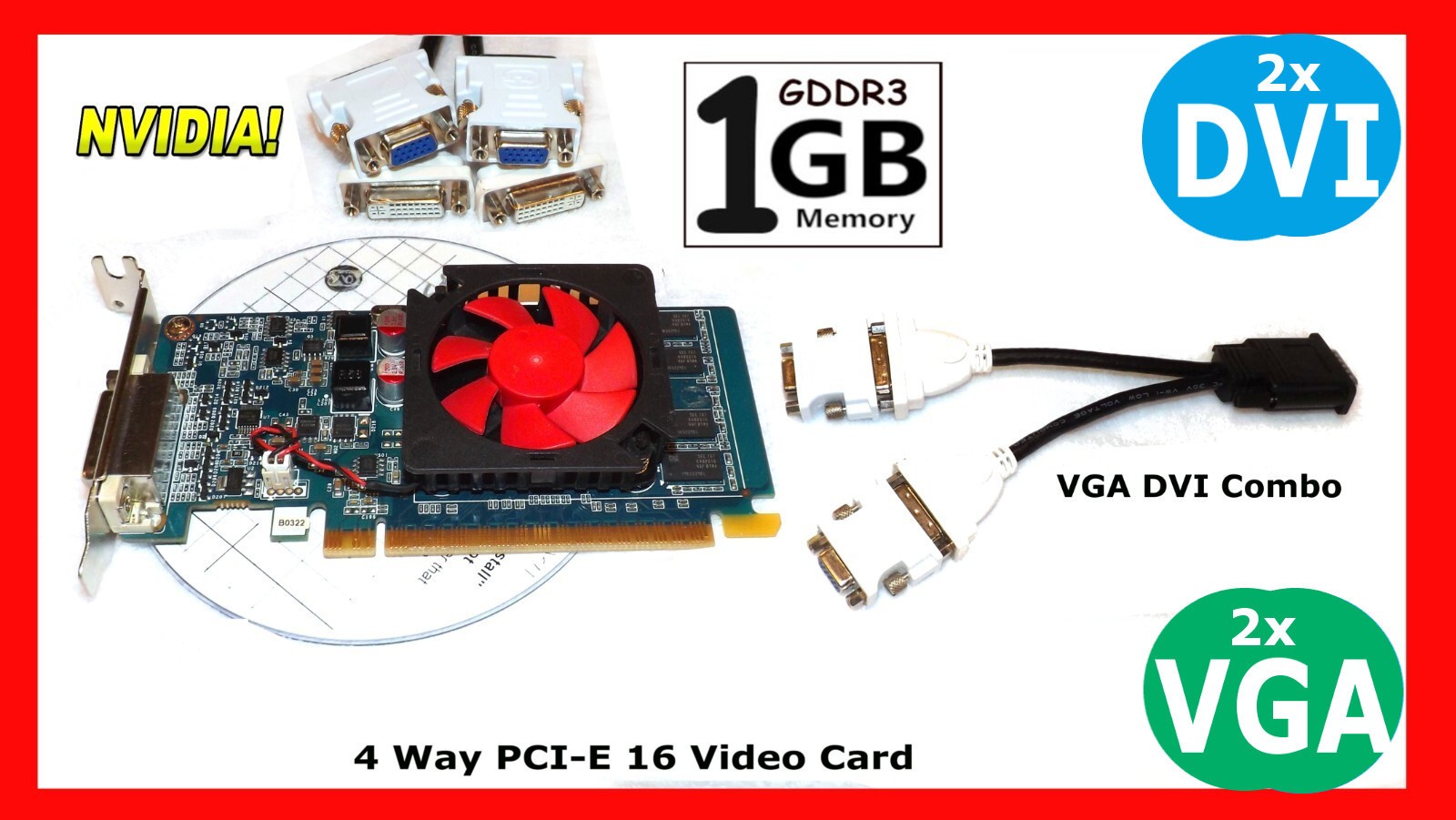 Low Profile 1GB SFF Video Card. PCI-E 16x with  2X DVI-VGA, and 2X DVI Adapters