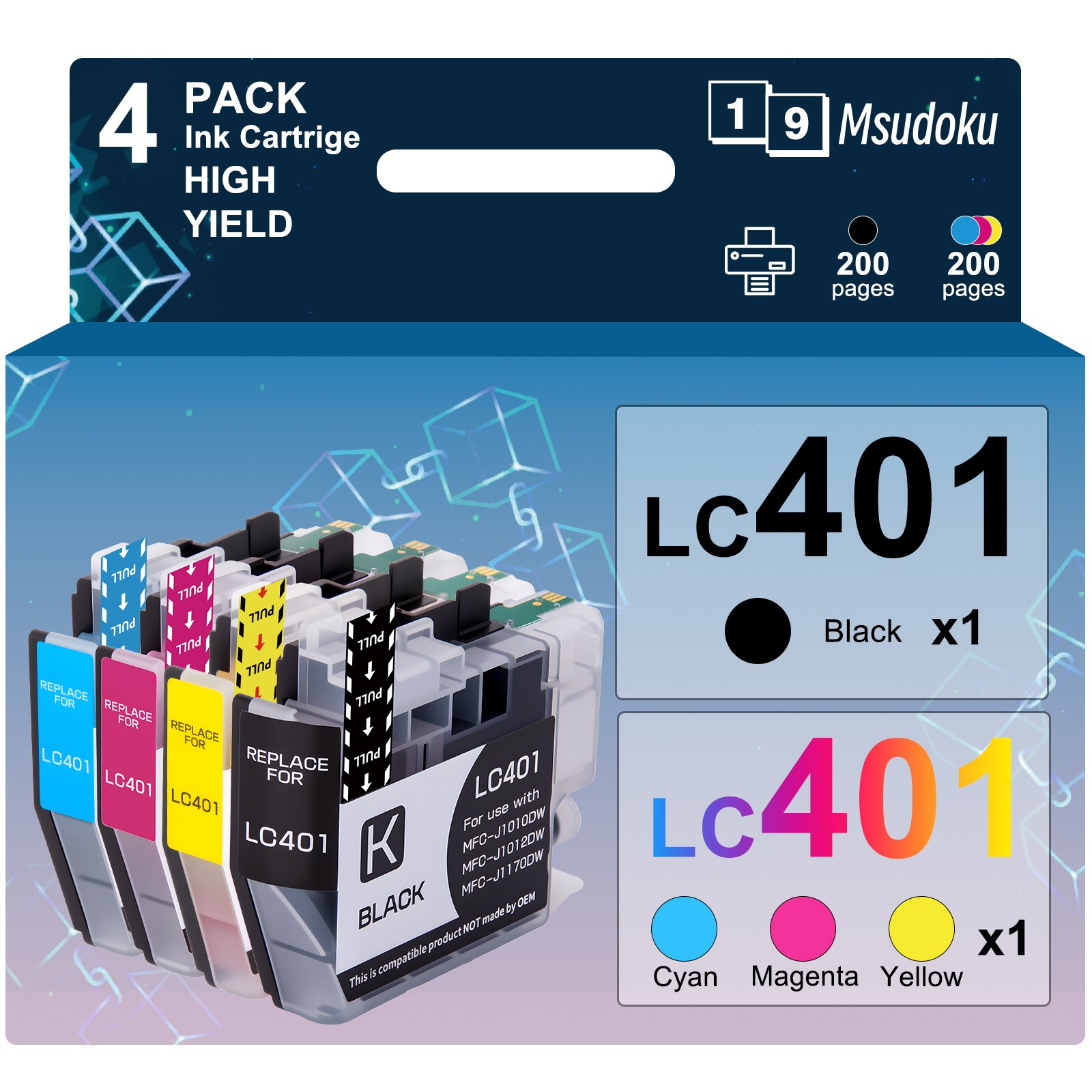 4PK LC401 Ink Cartridges Compatible For Brother MFC-J1010DW MFC-J1012DW Printer