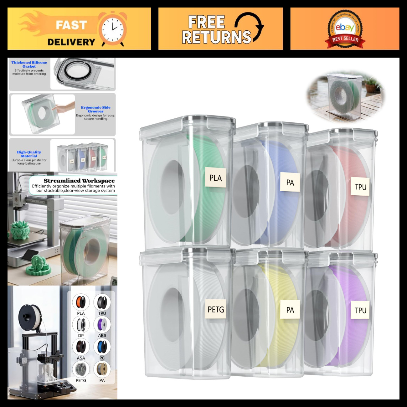 Airtight 3D Printer Filament Storage Box - 6 Pack, Waterproof & Dustproof Contai
