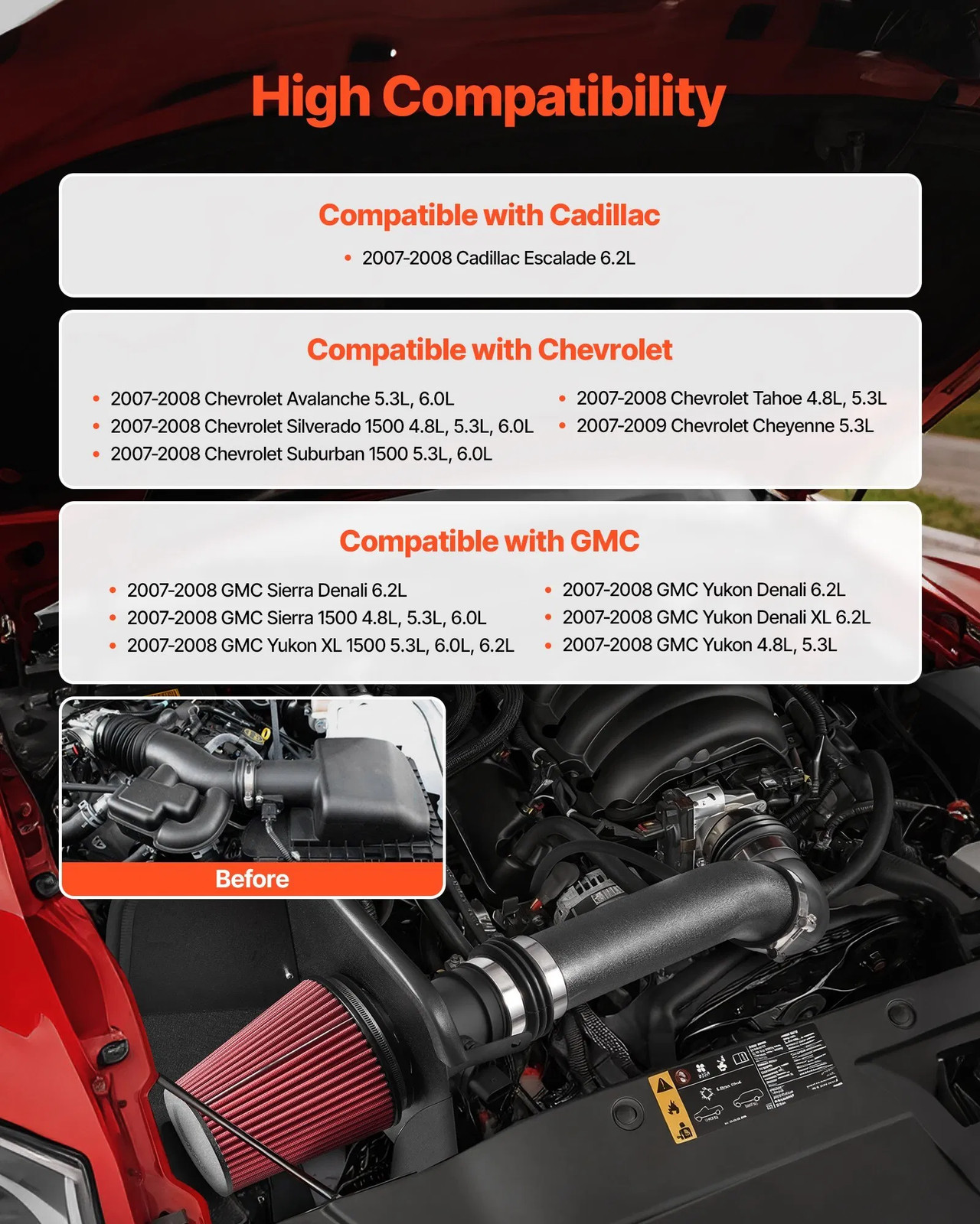 Cold Air Intake, 3.5 Inch Cold Air Intake System + Heat Shield Compatible with 2