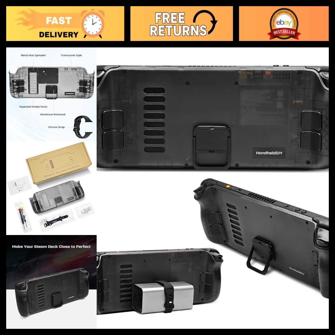 Steam Deck Cooling Case with Translucent Back Plate, Foldable Kickstand, Heat Ma