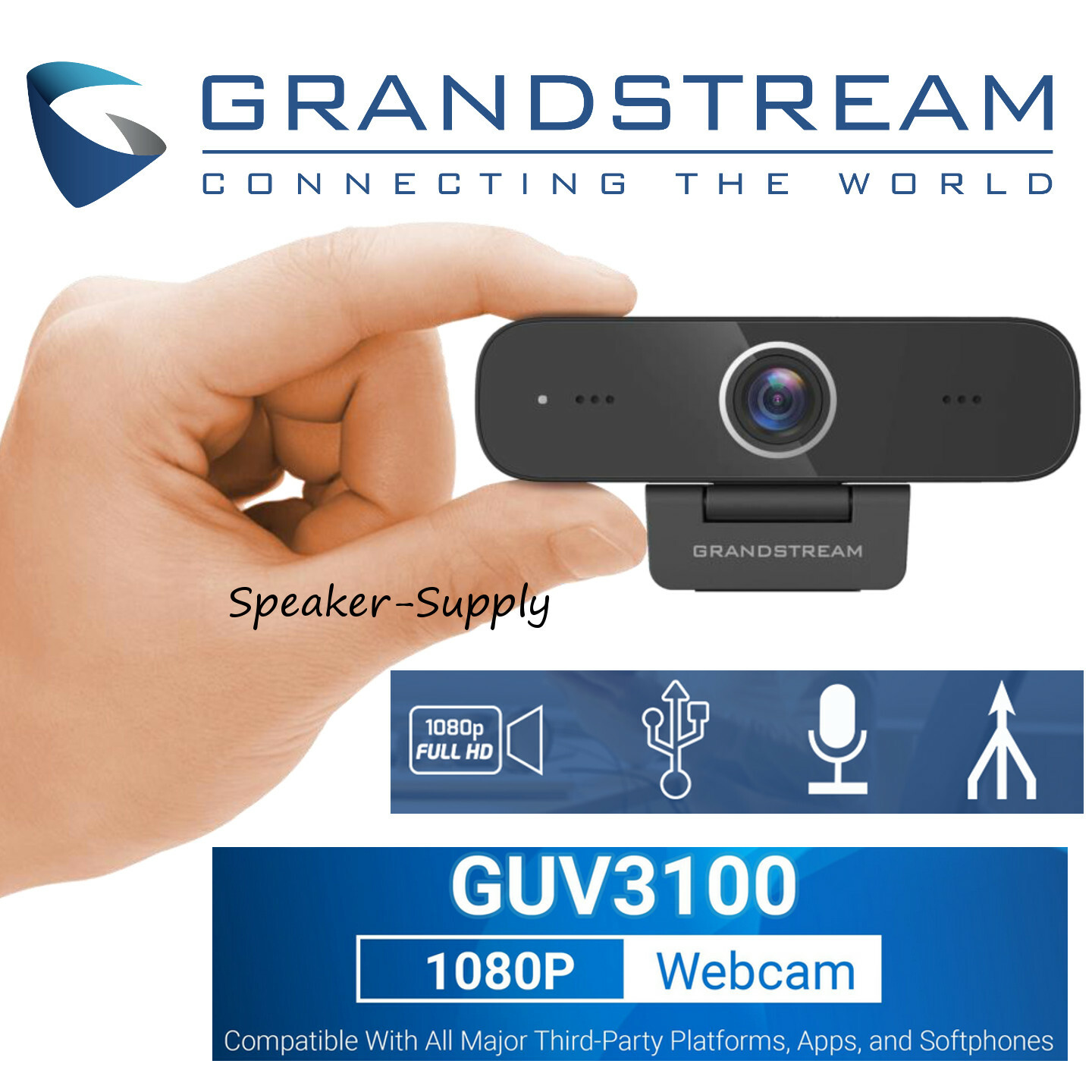 Grandstream GUV3100 Full HD USB Webcam Camera 2MP CMOS 2 Mics Teams Zoom Webex