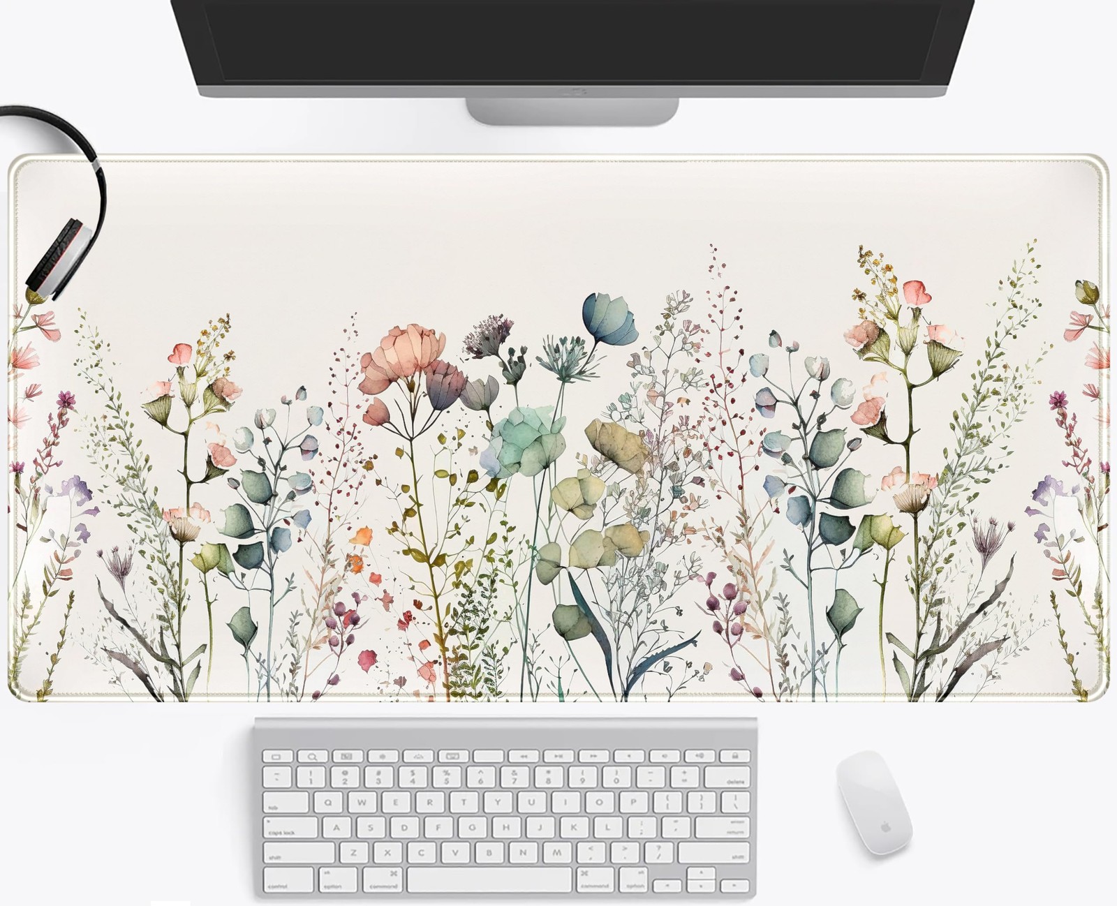 Floral Desk Mat Beige Boho Desk Pad, Large Extend Pad XXL, Cute Minimalist Fl...
