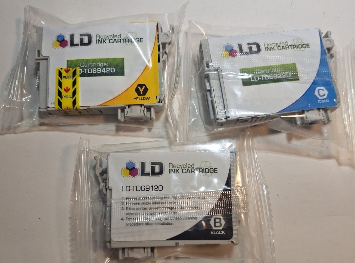 3 Ink Cartridges LD-TO69220 Cyan, LD-TO69420 Yellow, LD-TO69120 Black NEW Sealed