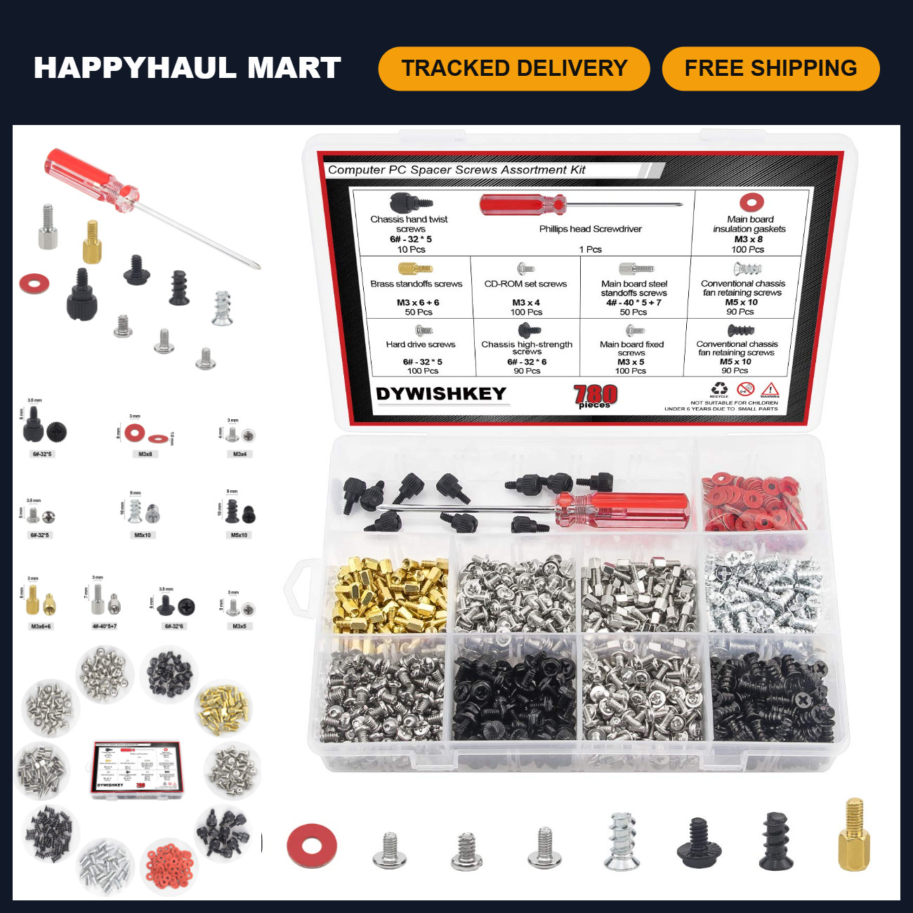 780PCS Computer Screw Kit - Standoffs, Screws & Tools for Hard Drive, Motherboar