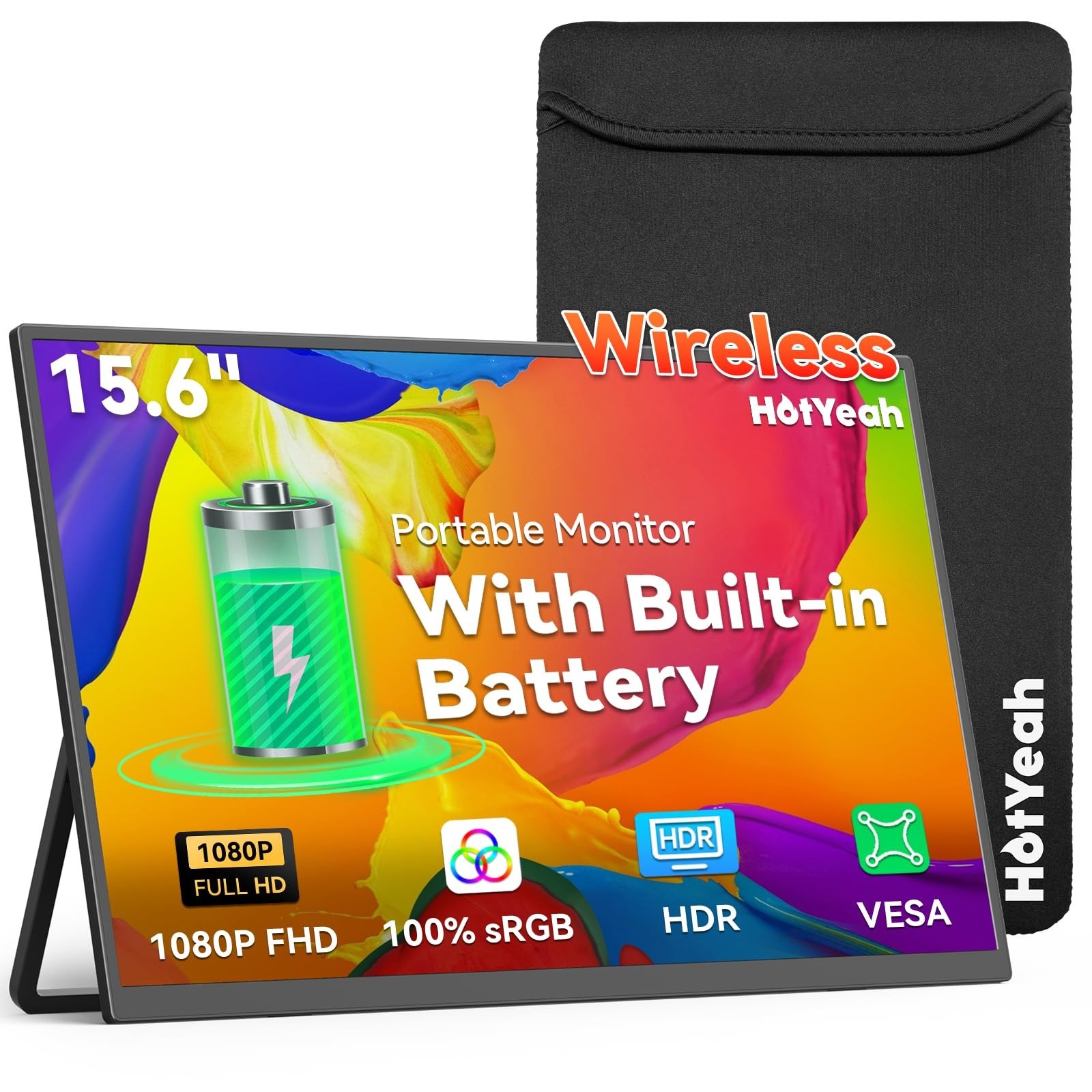 15.6" Wireless Portable Monitor Battery-Powered, Support AirPlay Miracast