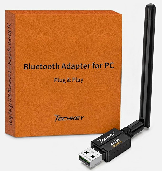 TECHKEY 200M Bluetooth v6.0 USB-A Plug & Play Adapter w/ Long Antenna PC