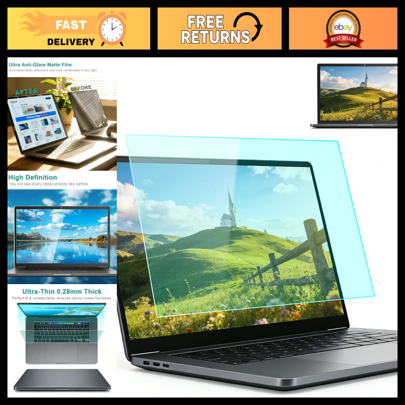 16" Anti Blue Light Screen Protector 2-Pack, Matte Anti Glare UV Film, Fingerpri
