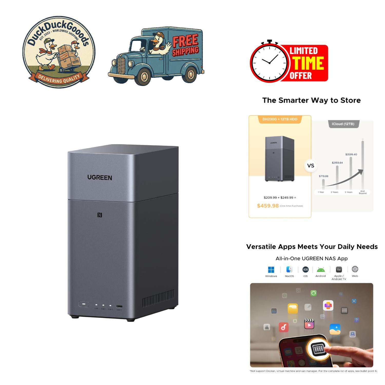 NAS DH2300 2-Bay Network Storage - 60TB Capacity, AI Photo Management