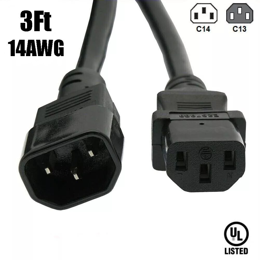 3FT 14AWG Power Cord Extension C13 to C14 IEC 320 3-Prong 14/3 Cable 125V 15A UL